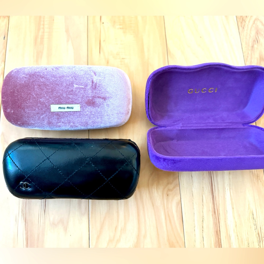 Designer eyeglass cases Chanel, Mui Mui, Gucci velvet and leather